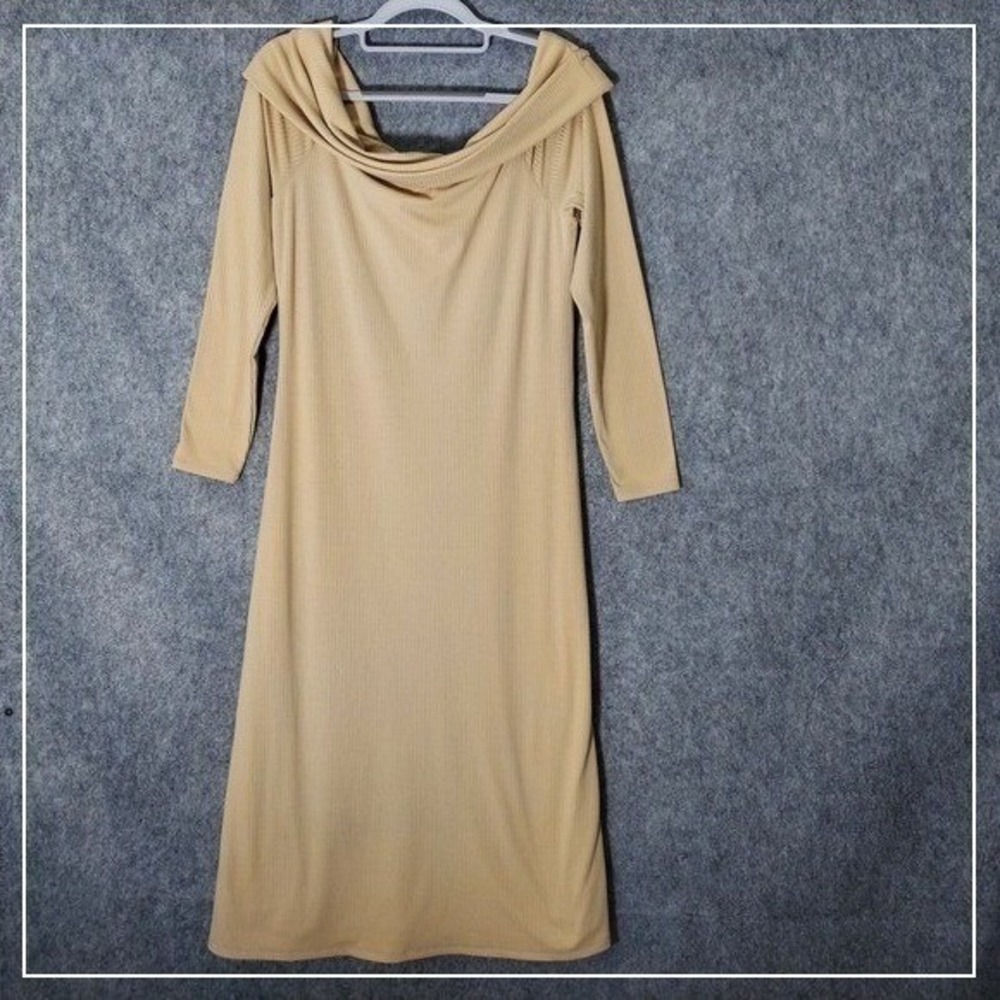 AFRM Dress L‎ Cream Ribbed Midi Cowl Neck Off Shoulder Stretch Minimalist Chic